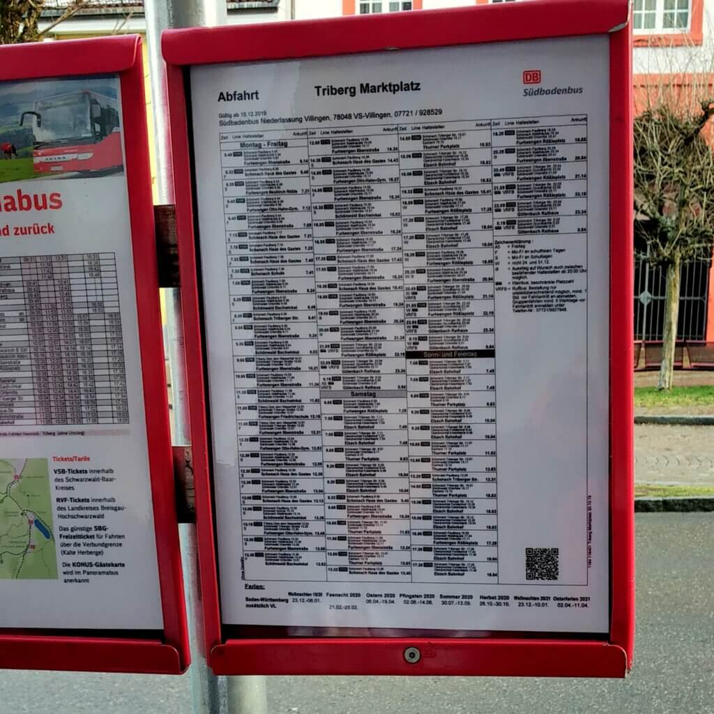 Bus Timetable at Triberg to Titisee